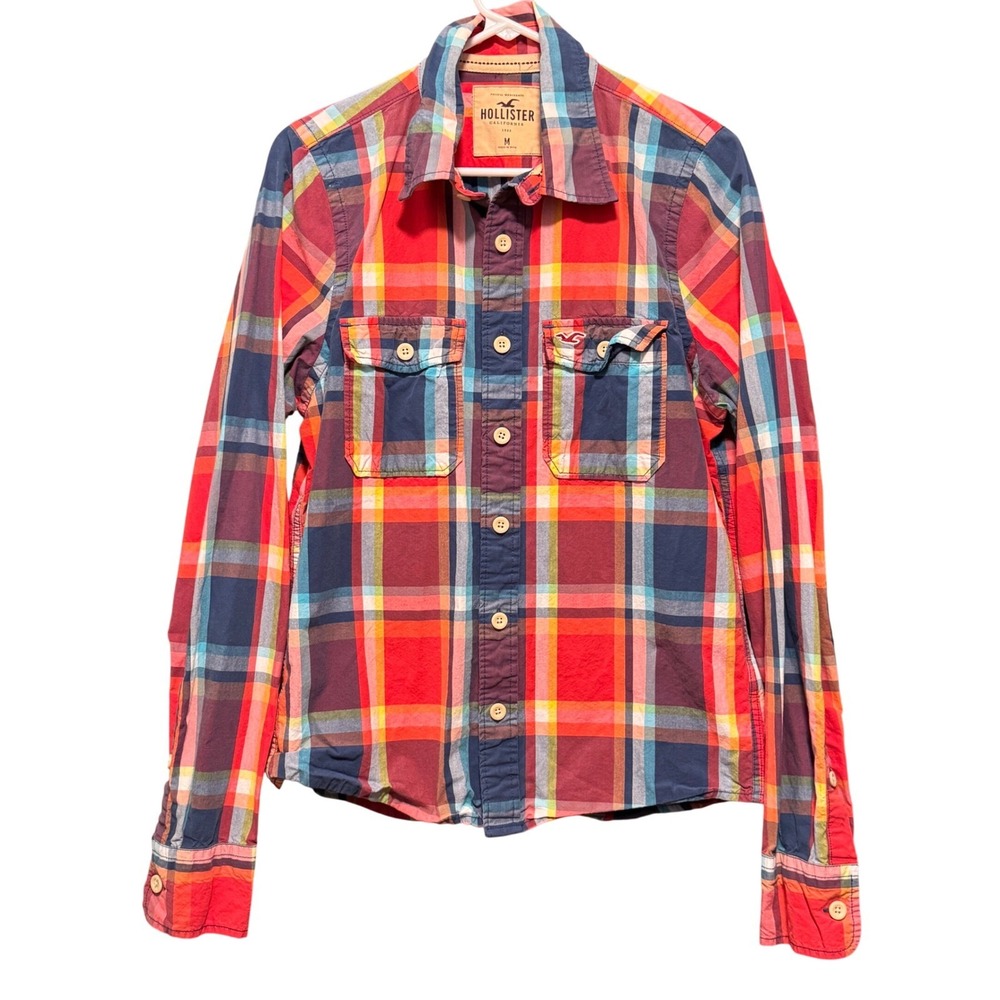 Hollister Mens Medium Plaid Button Down Shirt Red Blue Yellow Long Sleeve Cotton